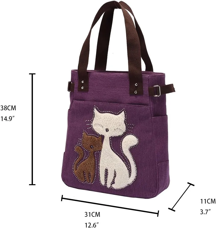 KAUKKO Women Canvas Handbag Shoulder Bag Cat Big Tote Bag(093-PURPLE)
