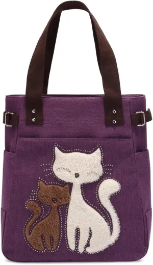 KAUKKO Women Canvas Handbag Shoulder Bag Cat Big Tote Bag(093-PURPLE)