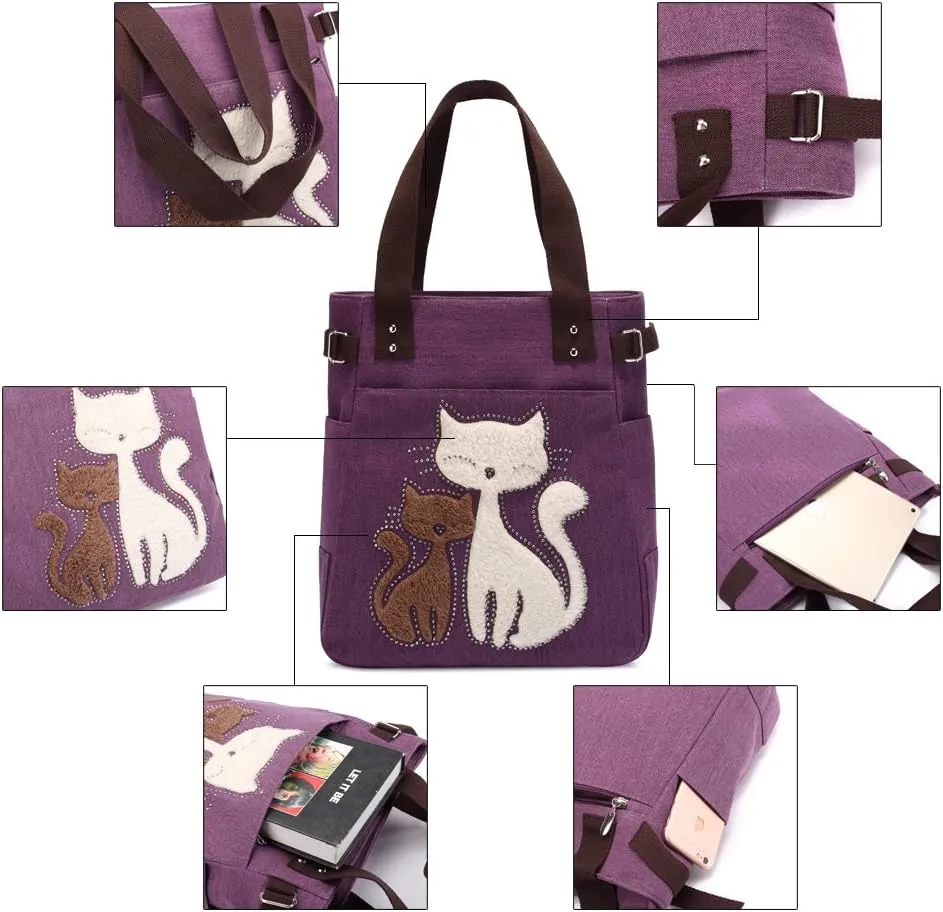 KAUKKO Women Canvas Handbag Shoulder Bag Cat Big Tote Bag(093-PURPLE)