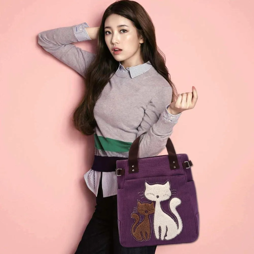 KAUKKO Women Canvas Handbag Shoulder Bag Cat Big Tote Bag(093-PURPLE)