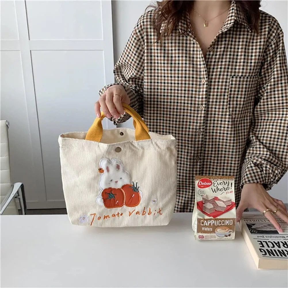 Kawaii Rabbit Embroidered Canvas Bag, Corduroy Tote Bag, Bento Messenger Bag With Snap, Square Handbag For Women
