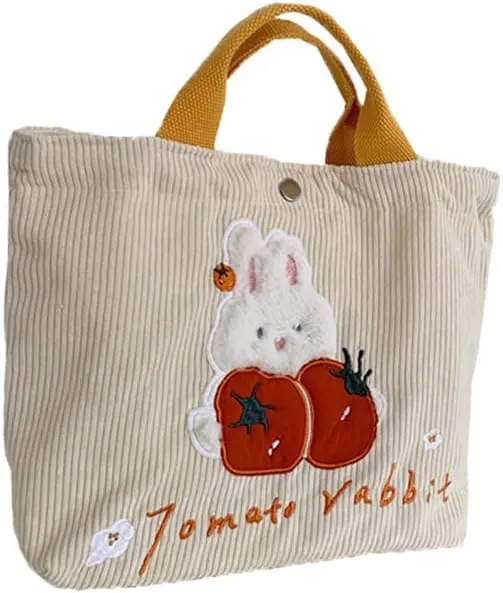 Kawaii Rabbit Embroidered Canvas Bag, Corduroy Tote Bag, Bento Messenger Bag With Snap, Square Handbag For Women