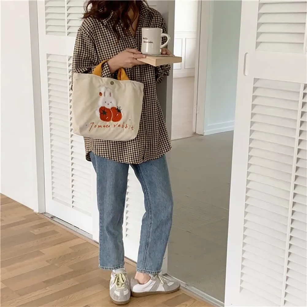 Kawaii Rabbit Embroidered Canvas Bag, Corduroy Tote Bag, Bento Messenger Bag With Snap, Square Handbag For Women