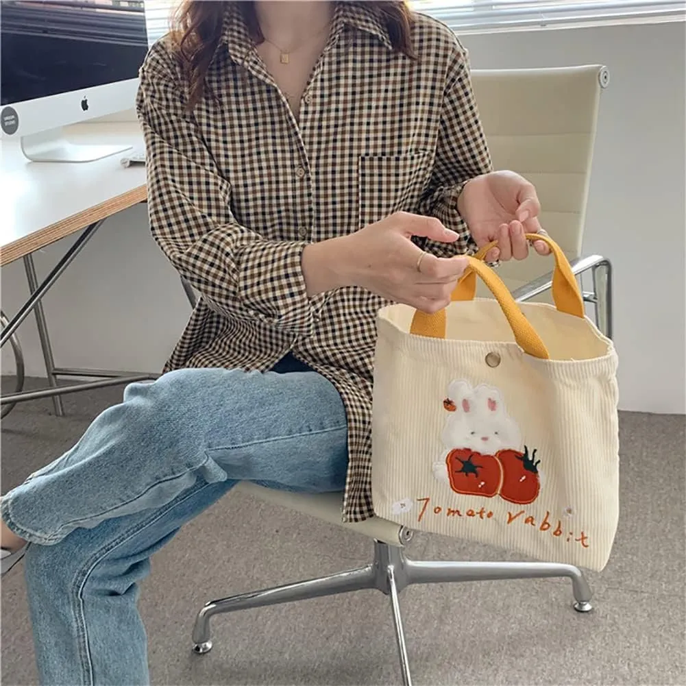 Kawaii Rabbit Embroidered Canvas Bag, Corduroy Tote Bag, Bento Messenger Bag With Snap, Square Handbag For Women