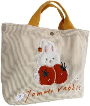 Kawaii Rabbit Embroidered Canvas Bag, Corduroy Tote Bag, Bento Messenger Bag With Snap, Square Handbag For Women