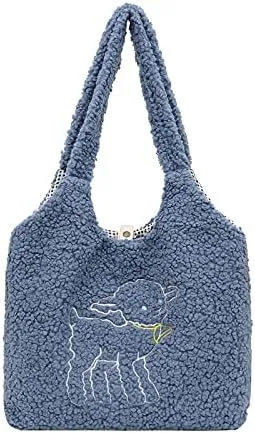 Kawaii Tote Bags Aesthetic Cute Lamb Embroidery Purse Fluffy Underarm Bag Faux Fur Shoulder Bag with Interior Pockets