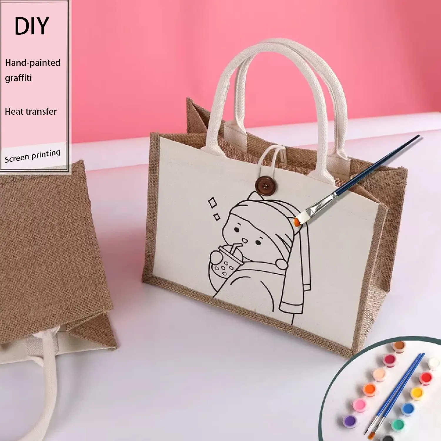 Kaxilu Jute Beach Tote Set of 6 - 16.5 * 7 * 13 Burlap Bags With Button and Handle for Travel, Grocery, Bridesmaid, Wedding, Shopping, Arts and Crafts, DIY