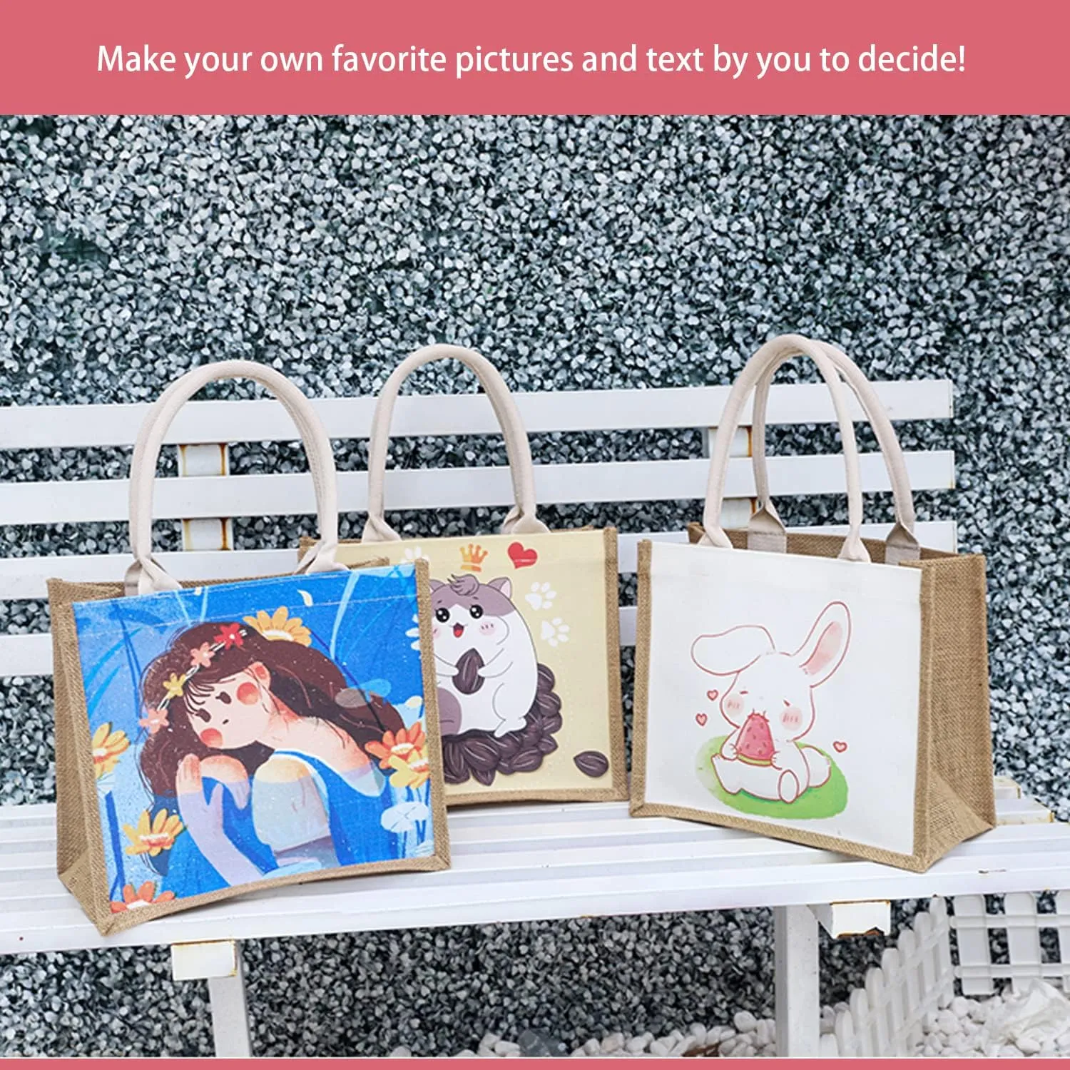 Kaxilu Jute Beach Tote Set of 6 - 16.5 * 7 * 13 Burlap Bags With Button and Handle for Travel, Grocery, Bridesmaid, Wedding, Shopping, Arts and Crafts, DIY