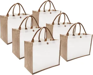 Kaxilu Jute Beach Tote Set of 6 - 16.5 * 7 * 13 Burlap Bags With Button and Handle for Travel, Grocery, Bridesmaid, Wedding, Shopping, Arts and Crafts, DIY