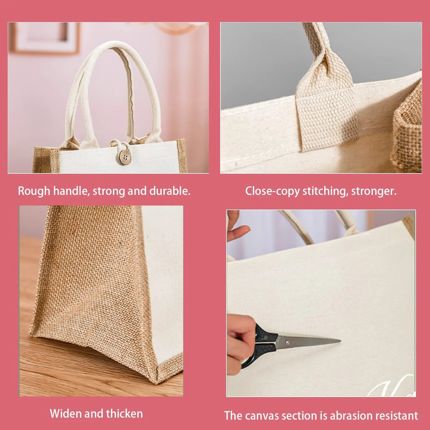 Kaxilu Jute Beach Tote Set of 6 - 16.5 * 7 * 13 Burlap Bags With Button and Handle for Travel, Grocery, Bridesmaid, Wedding, Shopping, Arts and Crafts, DIY