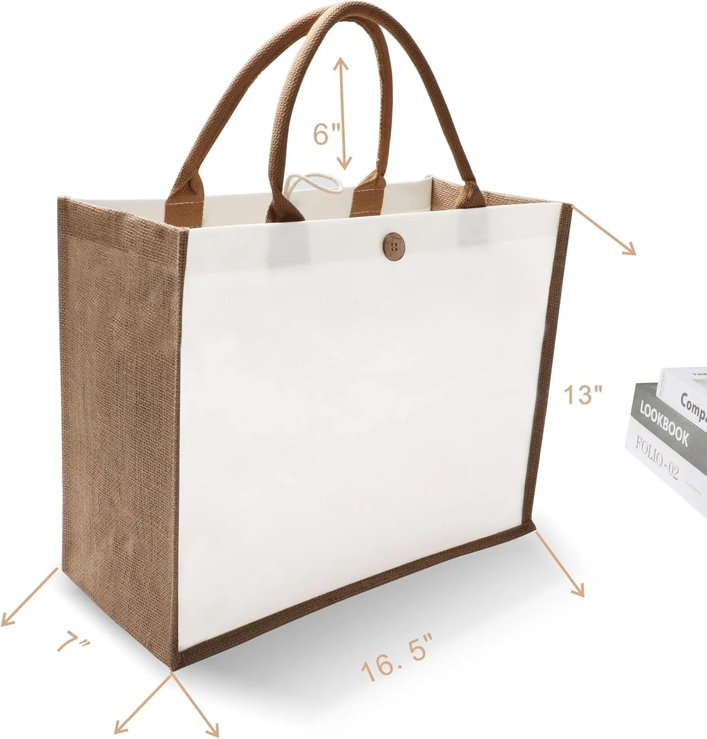 Kaxilu Jute Beach Tote Set of 6 - 16.5 * 7 * 13 Burlap Bags With Button and Handle for Travel, Grocery, Bridesmaid, Wedding, Shopping, Arts and Crafts, DIY