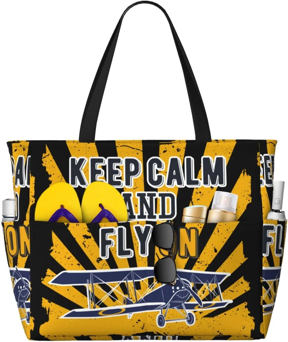 Keep Calm and Fly On Large Beach Tote Bag for Women Extra Large Capacity Waterproof Sandproof Pool Bag Suitable for Gym Swimming Pool Travel Groceries