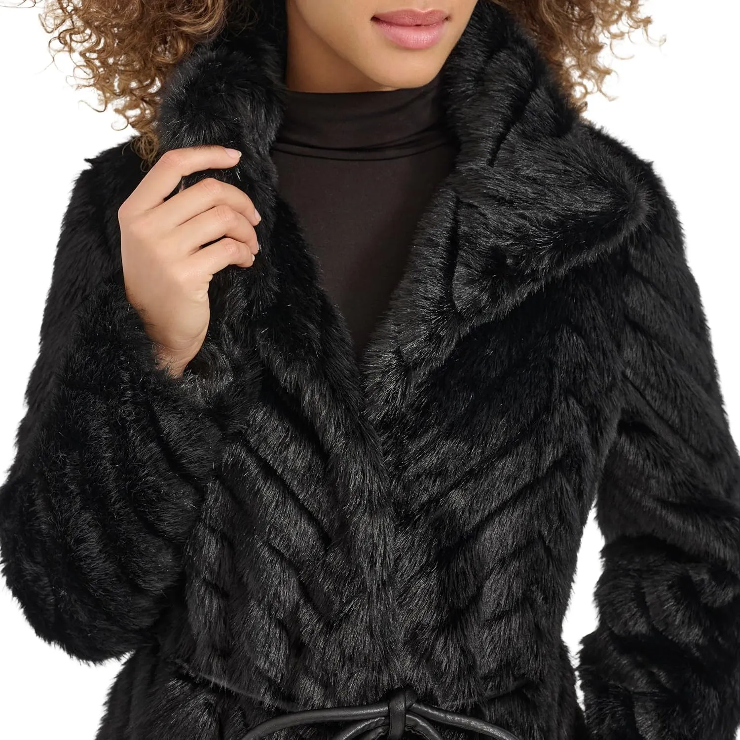 Kenneth Cole Women's Belted Grooved Texture Stand Collar Coat