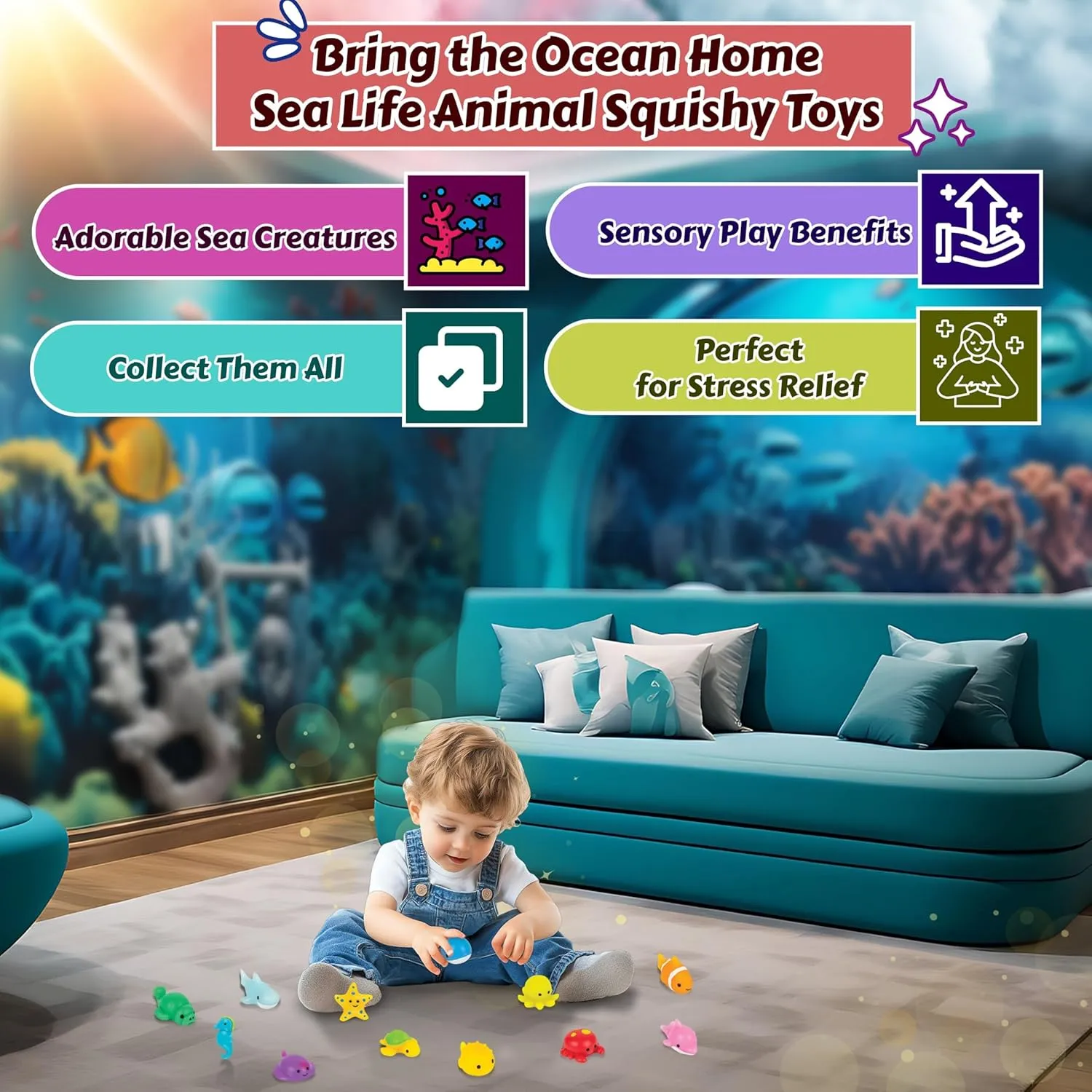Kids Sea Life Mochi Squishy Animal Toys, Fun Mini Kawaii Squishies for Kids and Adults, Great Party Favors, Stress Relief Toys and Fidget Toy, Super Soft (Sea Animals 12 Pieces)