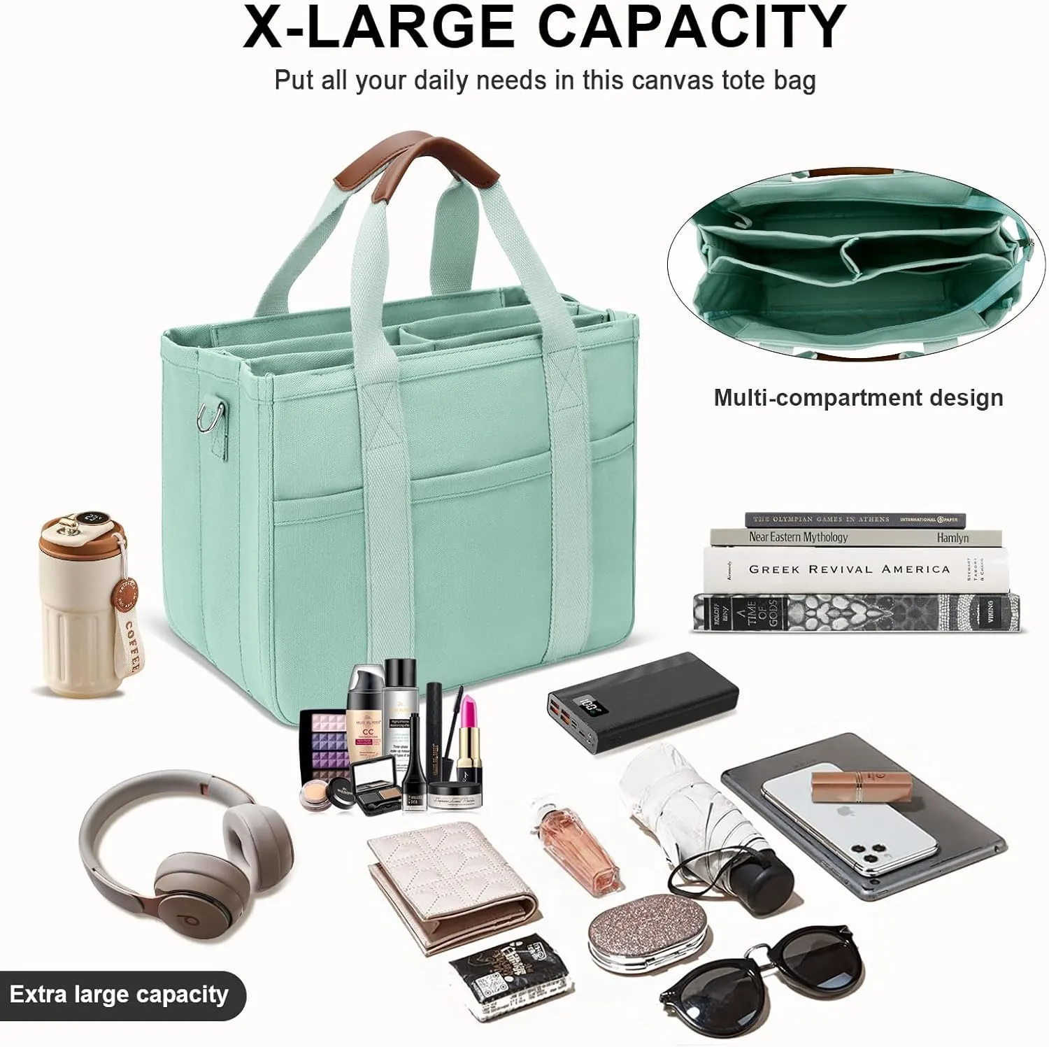 KKXIU Canvas Tote Bag for Women with Zipper and Compartments Crossbody Large Bible Messenger Purse Bag With Pockets