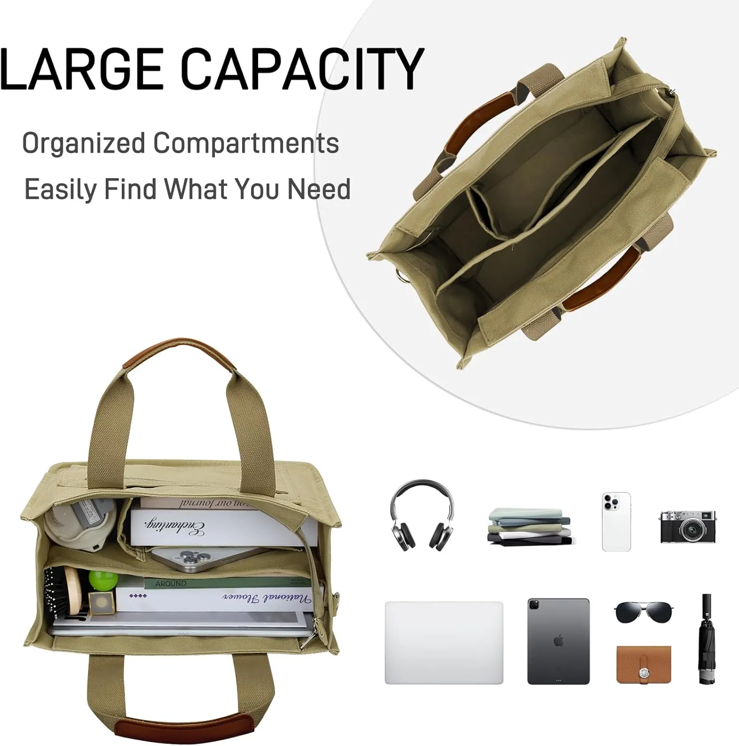 KKXIU Large Canvas Tote Bag for Women with Zipper and Compartments Crossbody Work Bible Messenger Purse Bag With Pockets