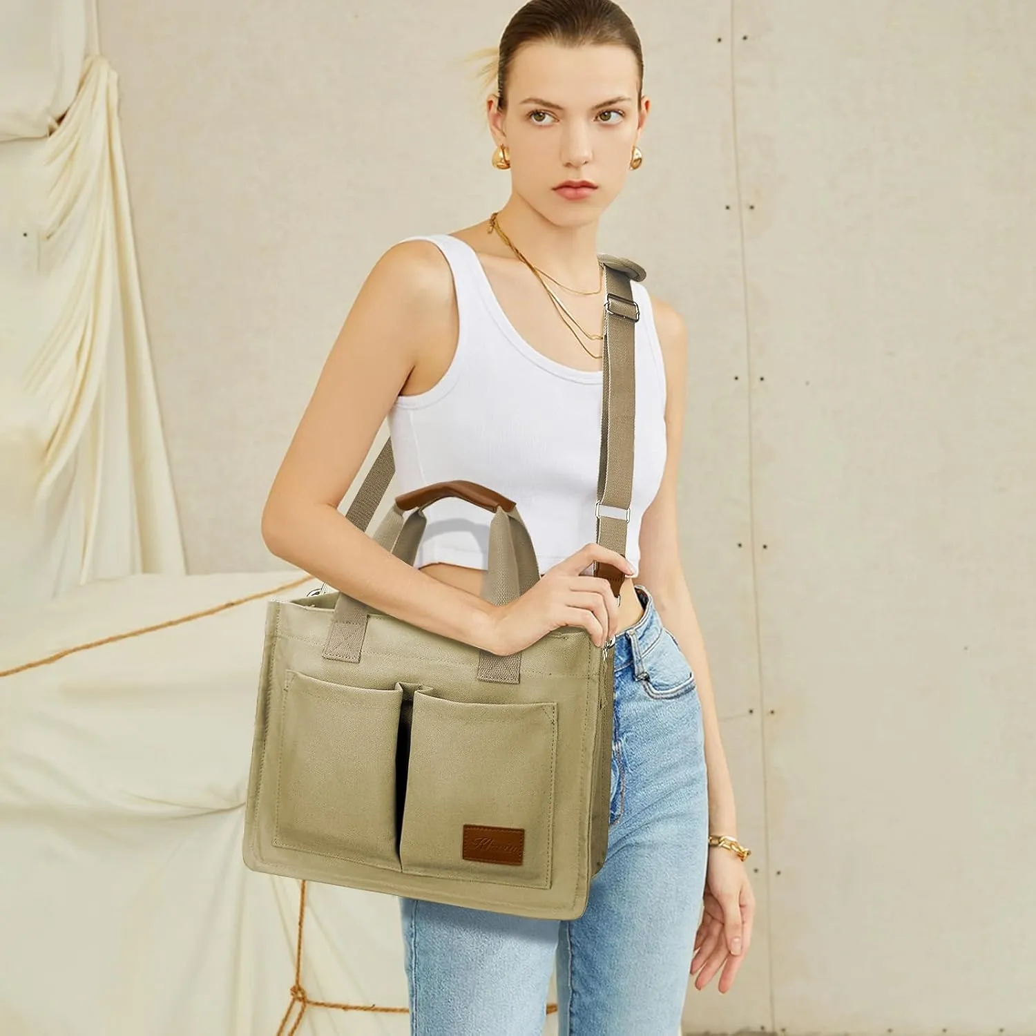 KKXIU Large Canvas Tote Bag for Women with Zipper and Compartments Crossbody Work Bible Messenger Purse Bag With Pockets