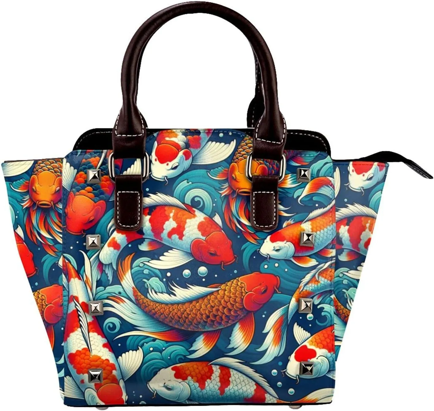 Koi-Carps-Luck-Japan Pu Leather Crossbody Studded Bag, Fashionable Shoulder Handbag With Detachable Shoulder Strap