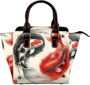 Koi-Fish-Ink-Wash-Painting Pu Leather Crossbody Studded Bag, Fashionable Shoulder Handbag With Detachable Shoulder Strap