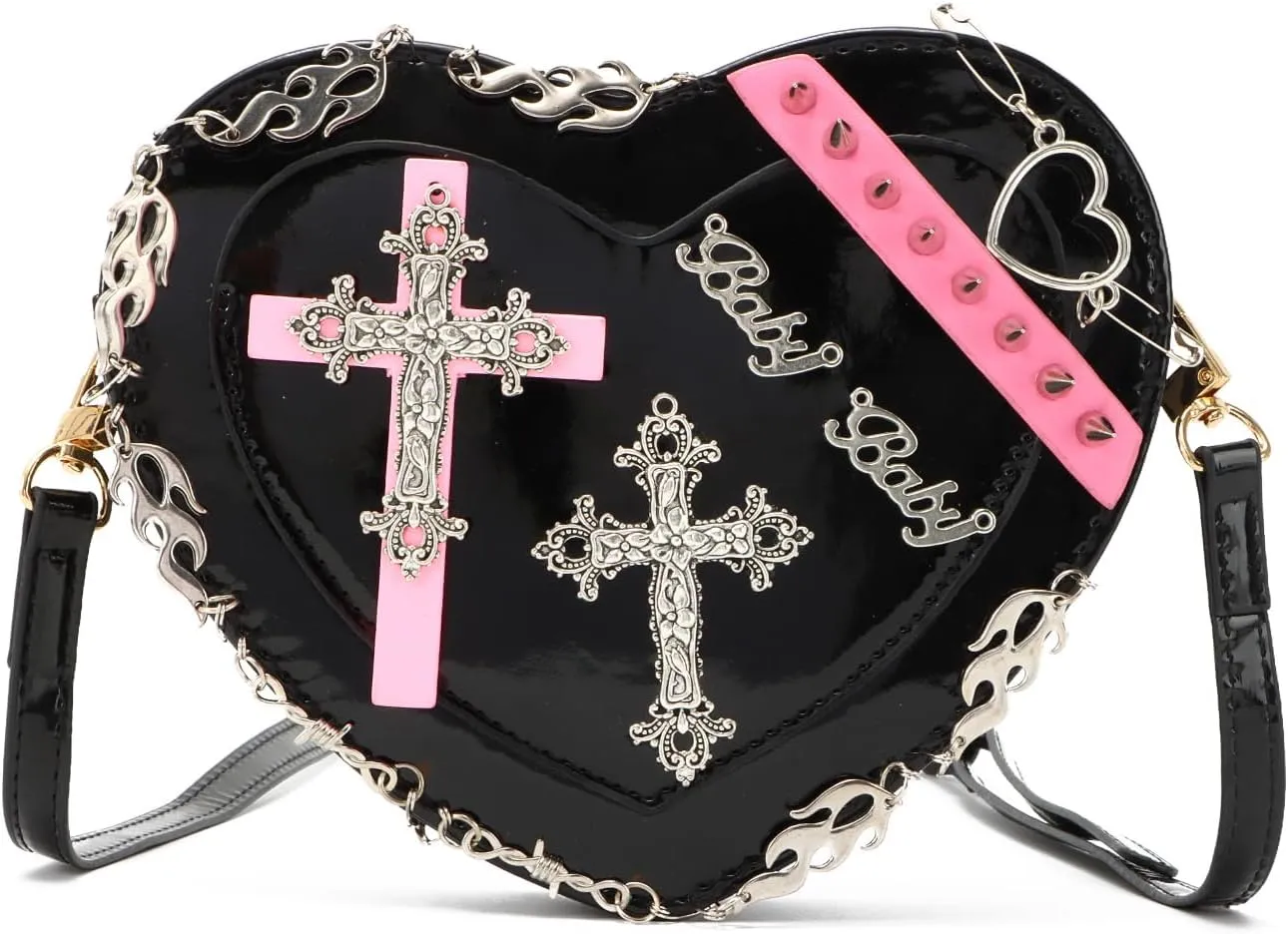KUANG! Gothic Punk Purse Cross Studded Heart Shoulder Bag Lolita Chain Handbag for Women