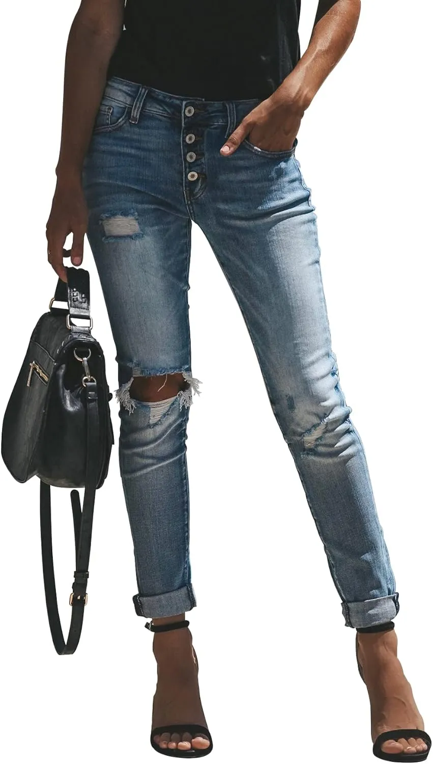 KUNMI Women's Ripped Mid Waisted Boyfriend Jeans Loose Fit Distressed Stretchy Denim Pants