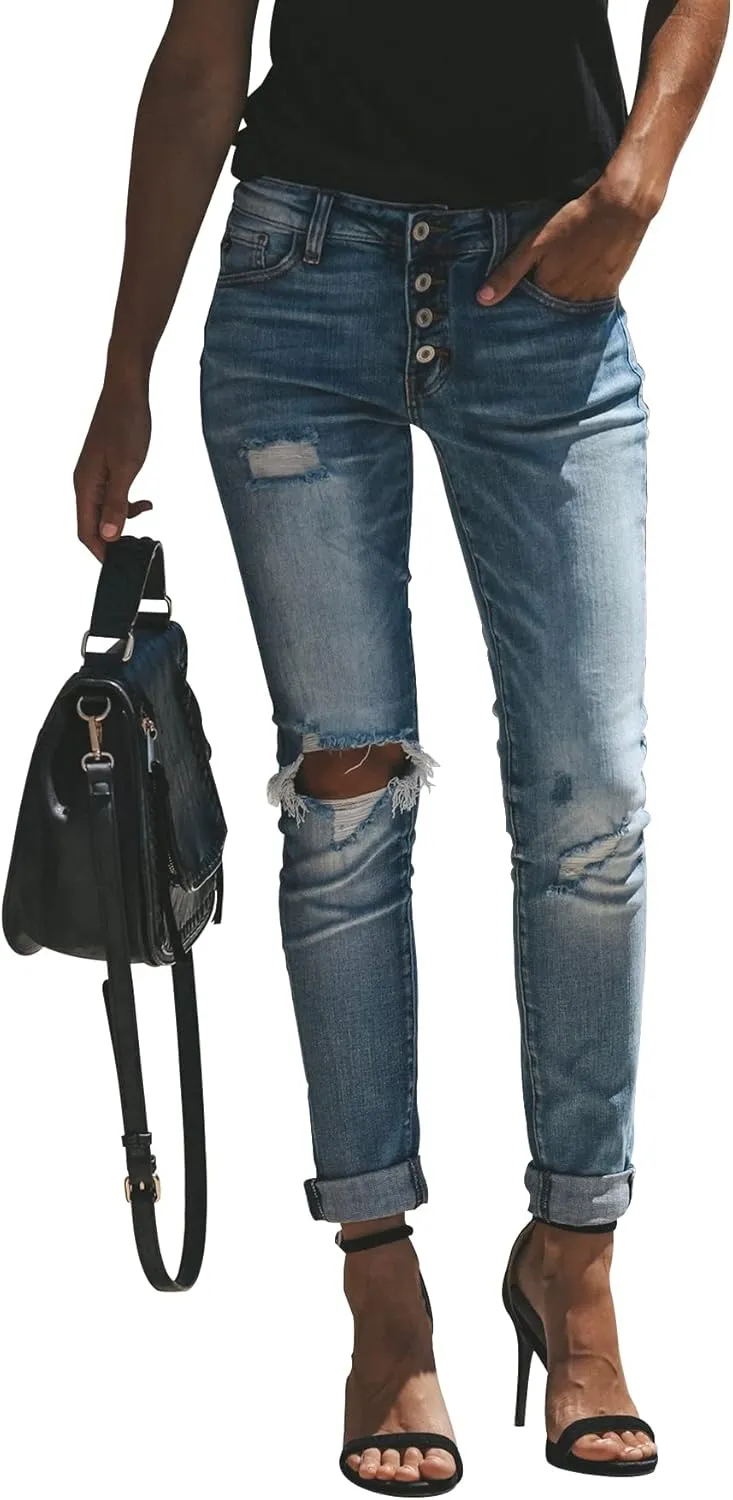 KUNMI Women's Ripped Mid Waisted Boyfriend Jeans Loose Fit Distressed Stretchy Denim Pants