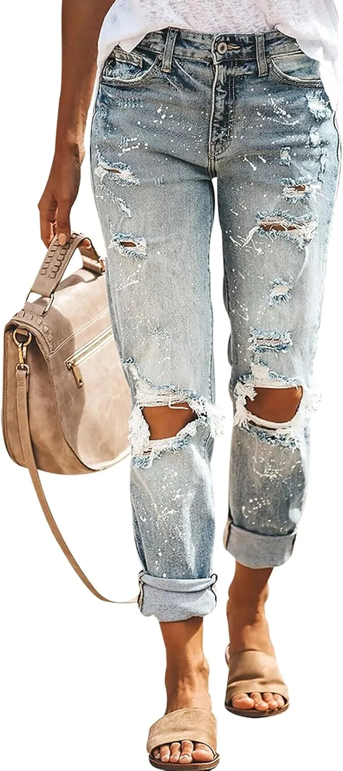 KUNMI Women's Ripped Mid Waisted Boyfriend Jeans Loose Fit Distressed Stretchy Denim Pants