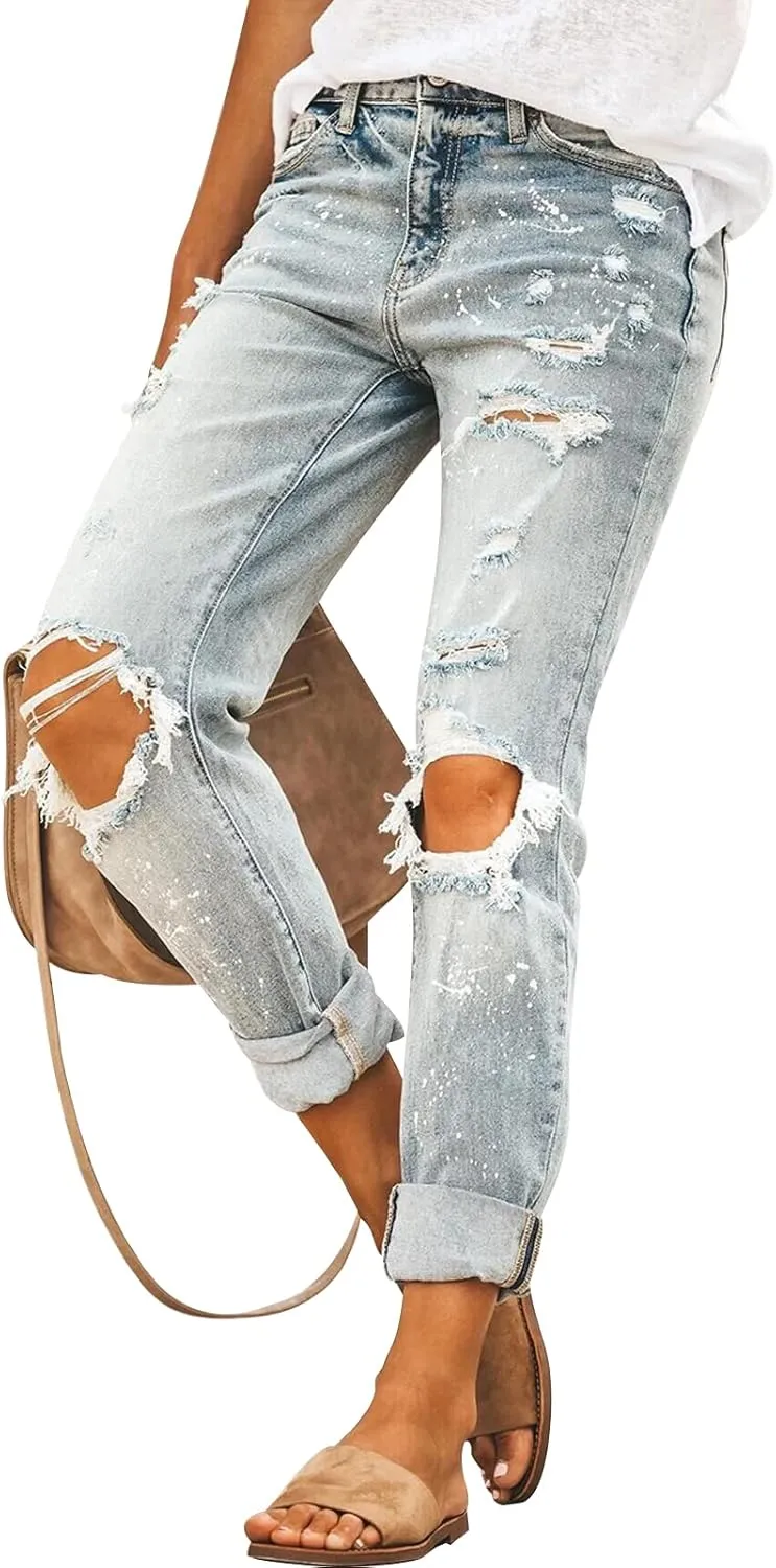 KUNMI Women's Ripped Mid Waisted Boyfriend Jeans Loose Fit Distressed Stretchy Denim Pants