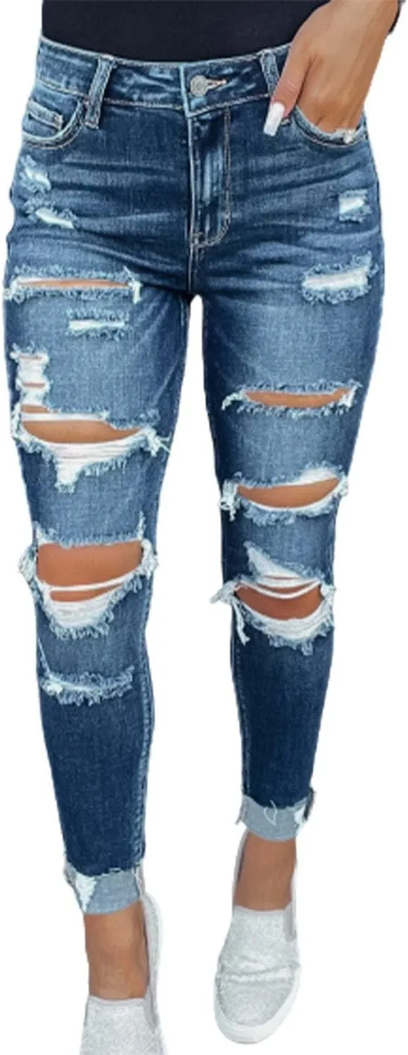 KUNMI Women's Ripped Mid Waisted Boyfriend Jeans Loose Fit Distressed Stretchy Denim Pants