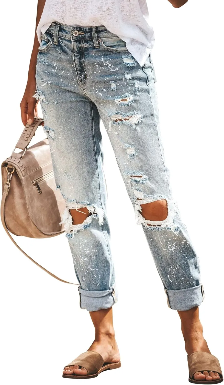 KUNMI Women's Ripped Mid Waisted Boyfriend Jeans Loose Fit Distressed Stretchy Denim Pants