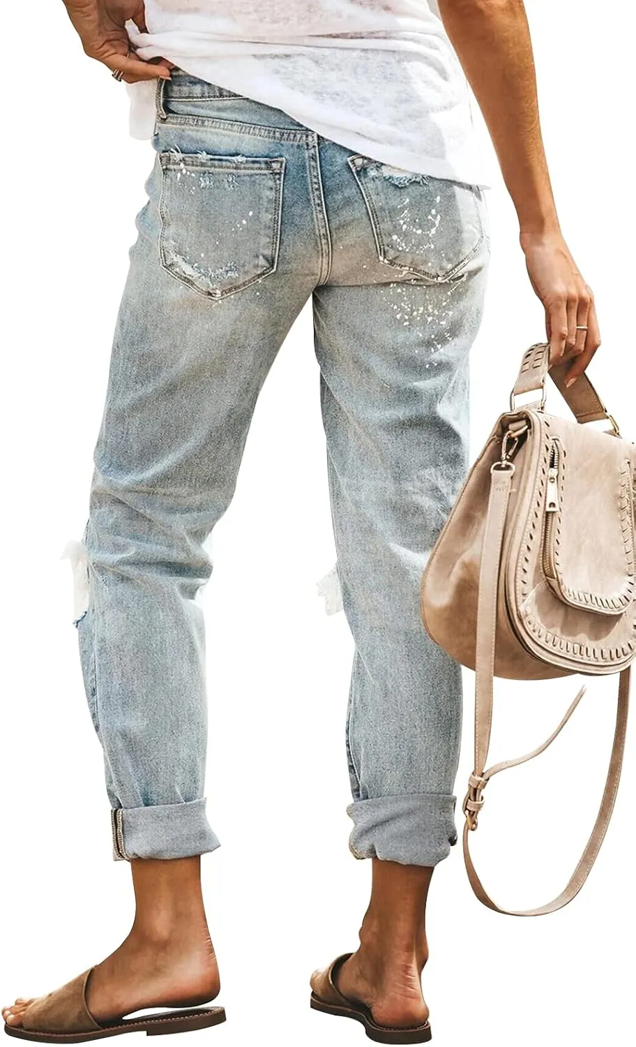 KUNMI Women's Ripped Mid Waisted Boyfriend Jeans Loose Fit Distressed Stretchy Denim Pants
