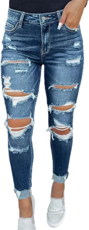 KUNMI Women's Ripped Mid Waisted Boyfriend Jeans Loose Fit Distressed Stretchy Denim Pants