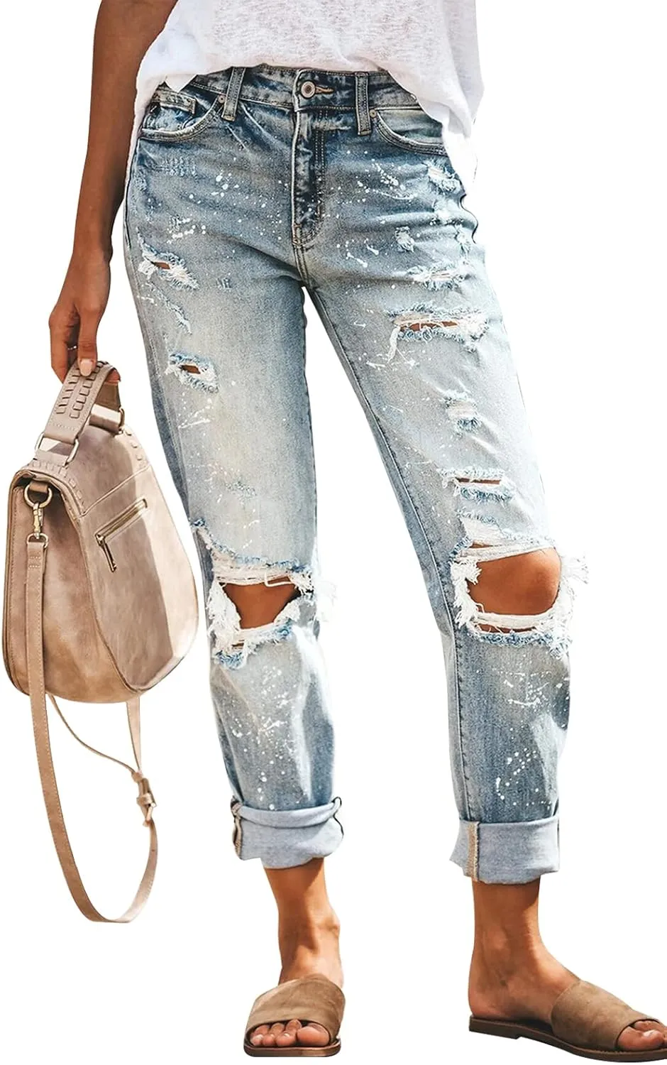 KUNMI Women's Ripped Mid Waisted Boyfriend Jeans Loose Fit Distressed Stretchy Denim Pants