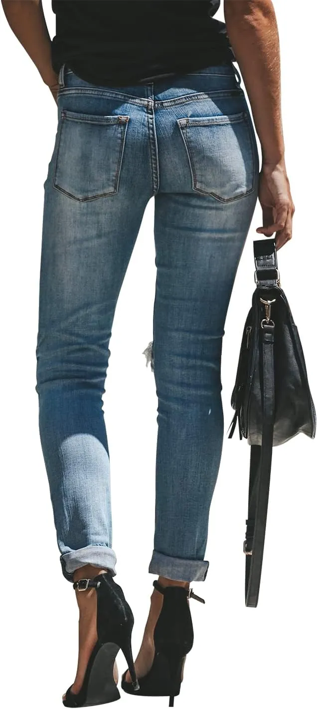 KUNMI Women's Ripped Mid Waisted Boyfriend Jeans Loose Fit Distressed Stretchy Denim Pants