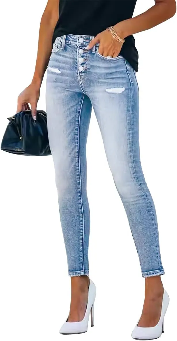 KUNMI Women's Ripped Skinny Slim Fit Jeans Frayed Distressed Stretchy Denim Pants