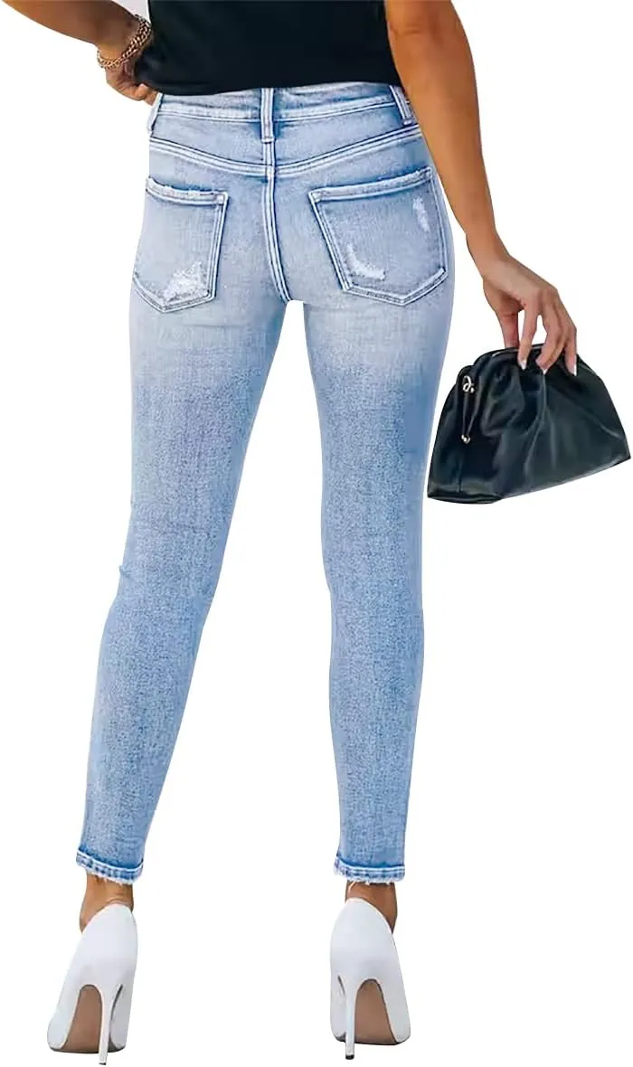 KUNMI Women's Ripped Skinny Slim Fit Jeans Frayed Distressed Stretchy Denim Pants