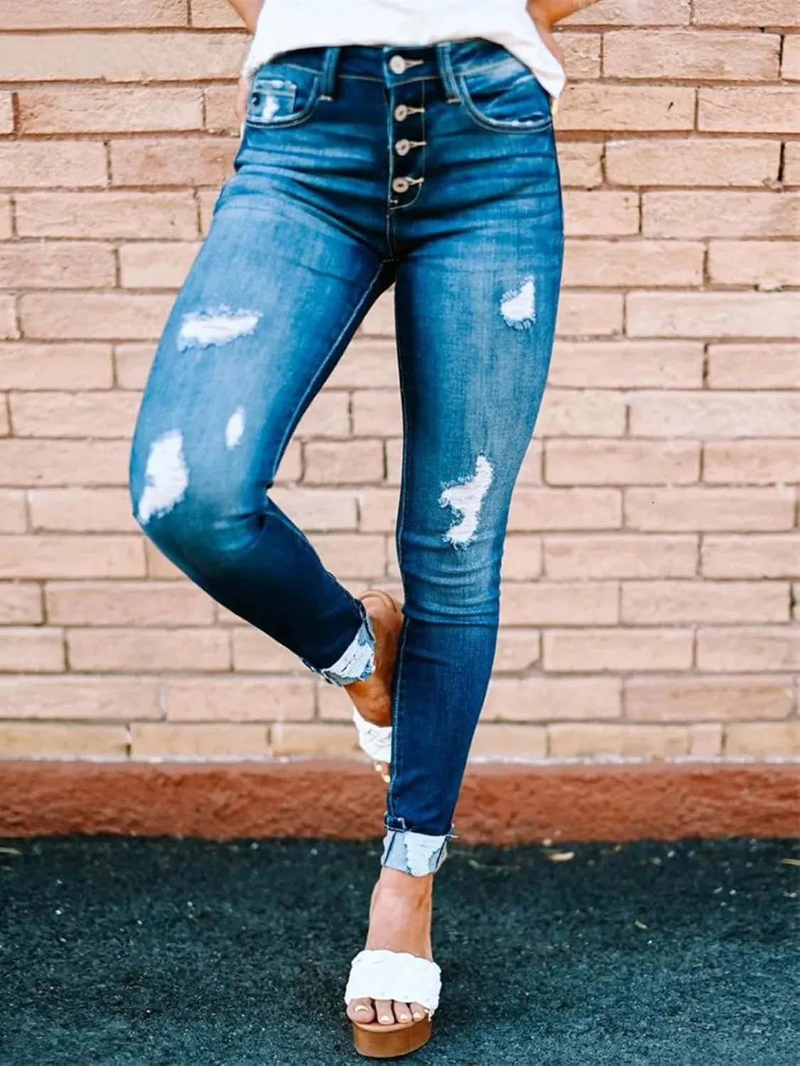 KUNMI Women's Ripped Skinny Slim Fit Jeans Frayed Distressed Stretchy Denim Pants
