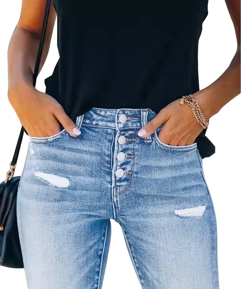 KUNMI Women's Ripped Skinny Slim Fit Jeans Frayed Distressed Stretchy Denim Pants