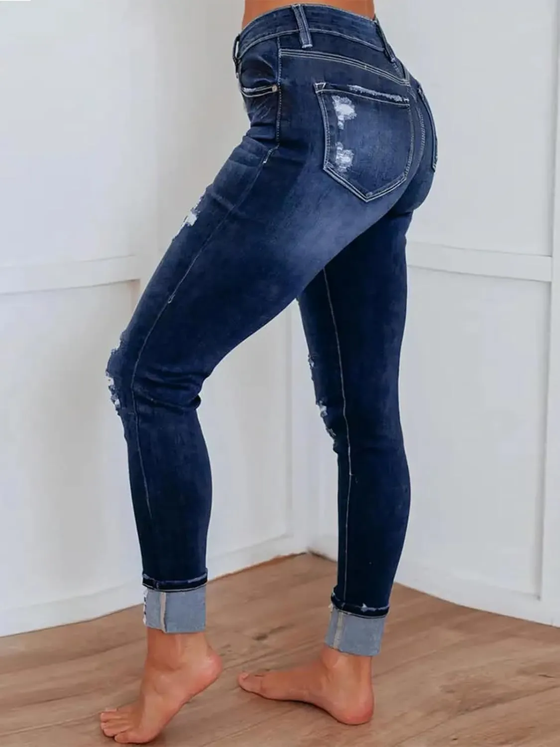 KUNMI Women's Ripped Skinny Slim Fit Jeans Frayed Distressed Stretchy Denim Pants