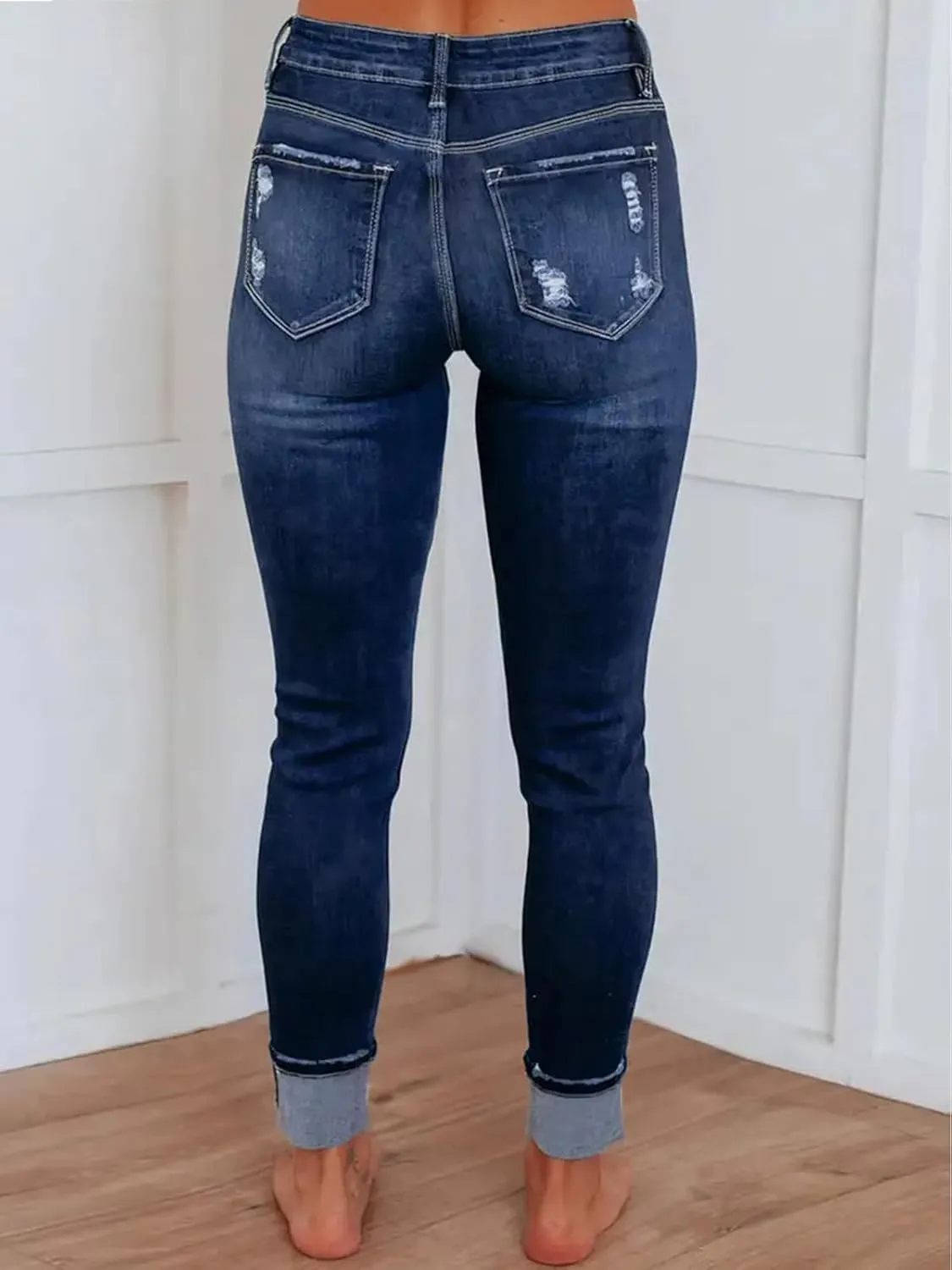 KUNMI Women's Ripped Skinny Slim Fit Jeans Frayed Distressed Stretchy Denim Pants