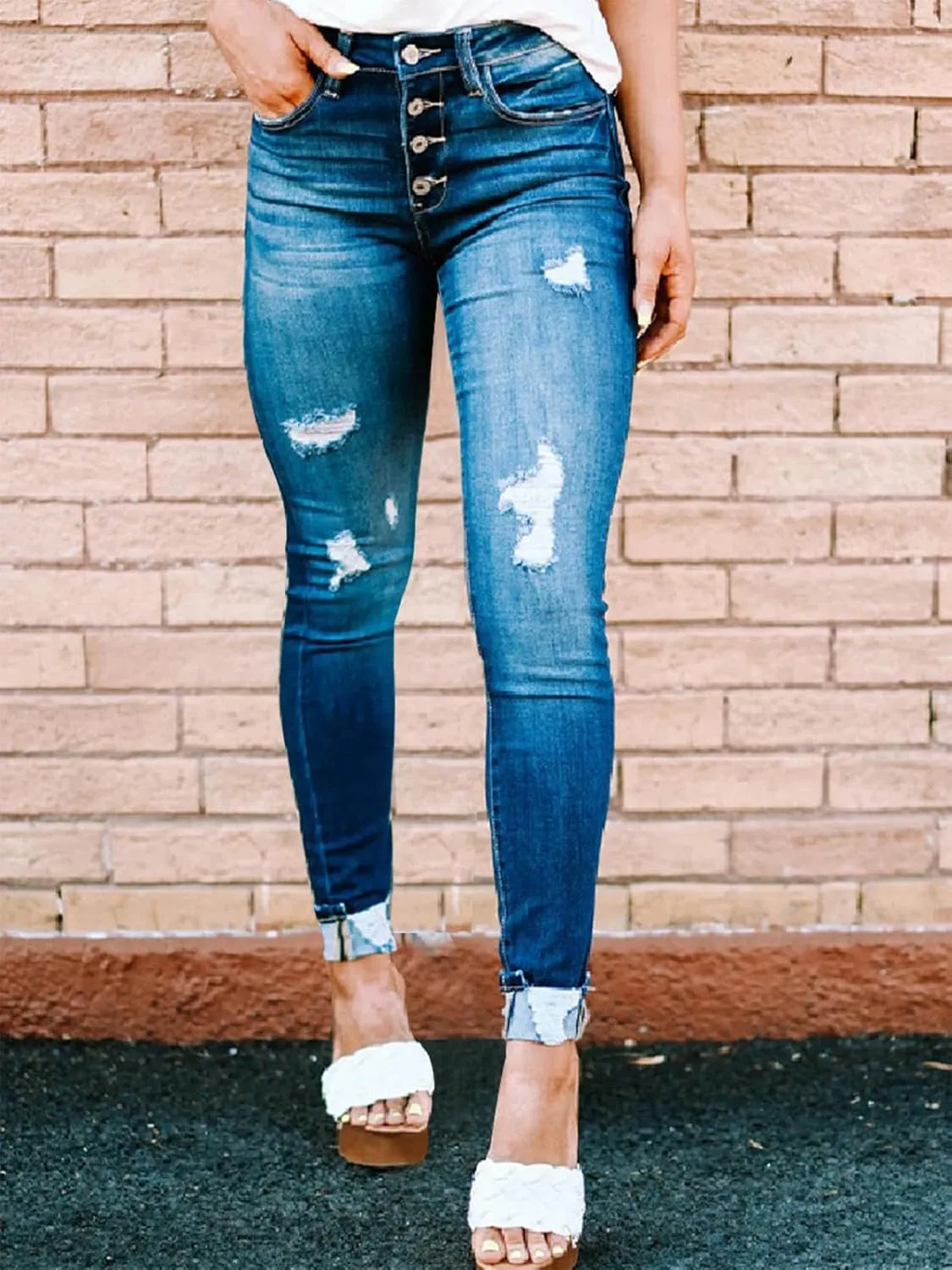 KUNMI Women's Ripped Skinny Slim Fit Jeans Frayed Distressed Stretchy Denim Pants