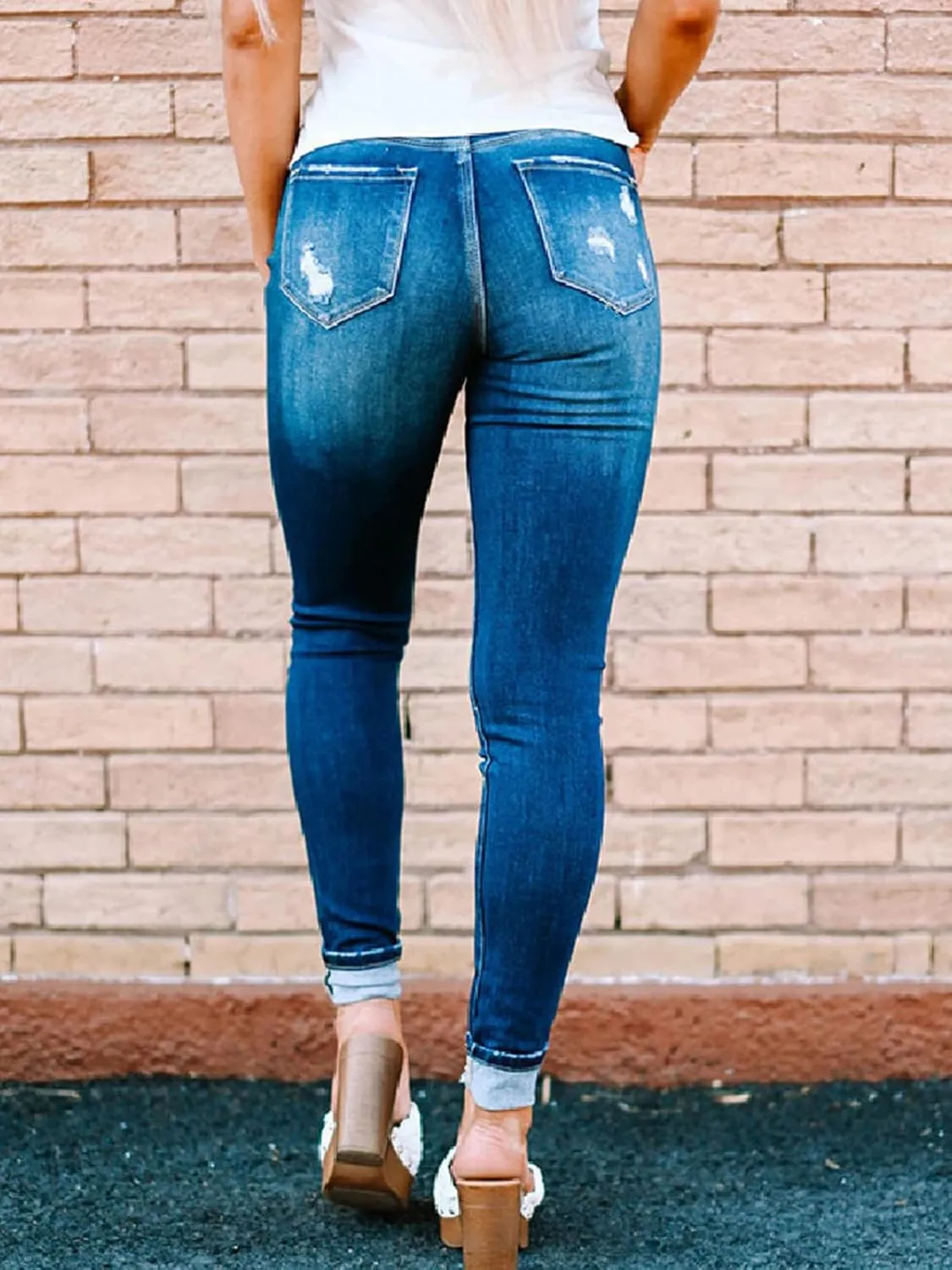 KUNMI Women's Ripped Skinny Slim Fit Jeans Frayed Distressed Stretchy Denim Pants