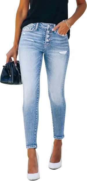KUNMI Women's Ripped Skinny Slim Fit Jeans Frayed Distressed Stretchy Denim Pants