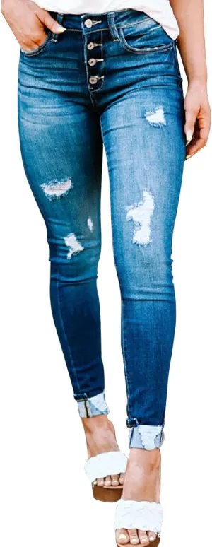 KUNMI Women's Ripped Skinny Slim Fit Jeans Frayed Distressed Stretchy Denim Pants