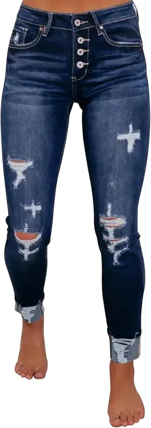 KUNMI Women's Ripped Skinny Slim Fit Jeans Frayed Distressed Stretchy Denim Pants