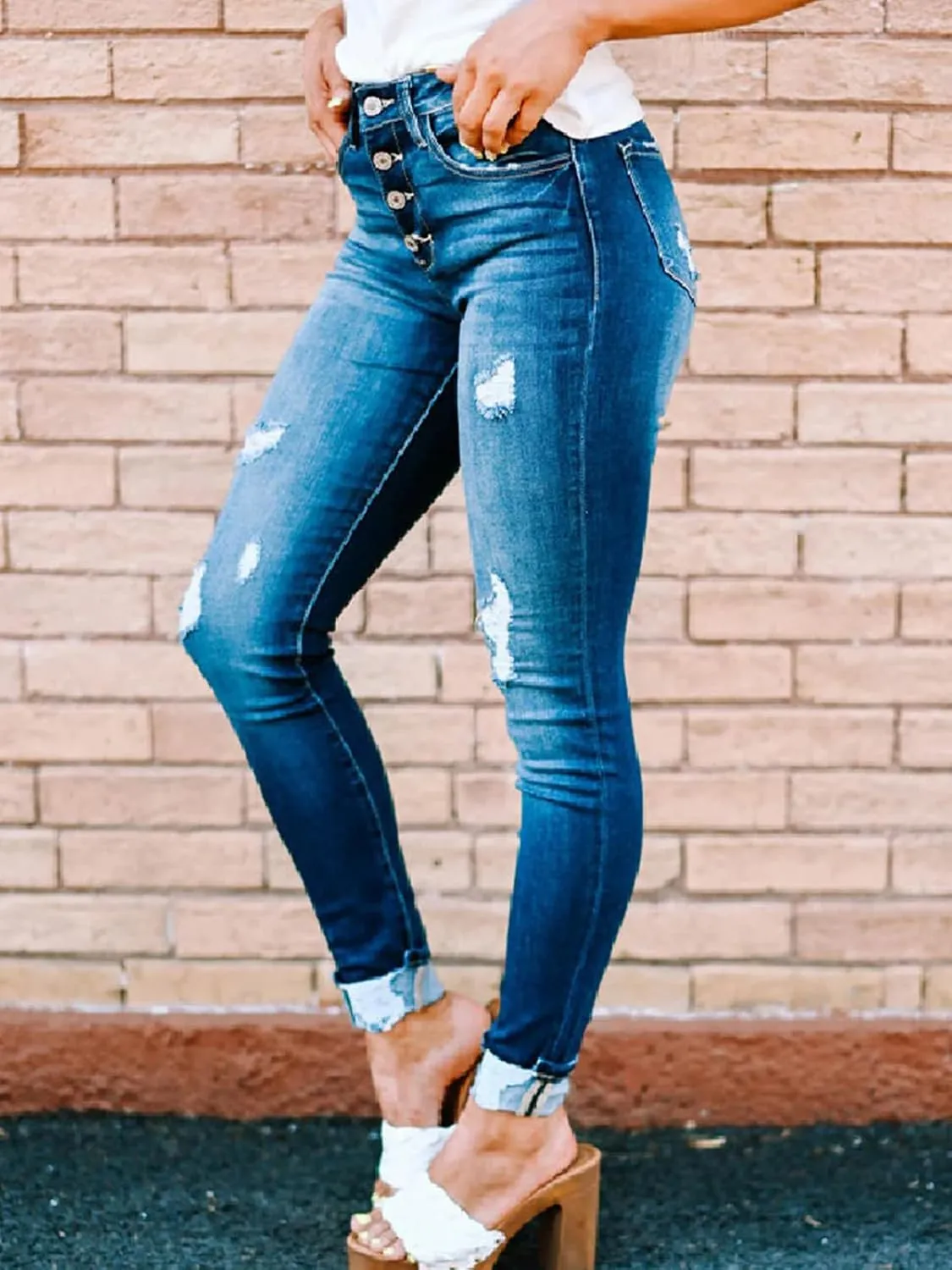 KUNMI Women's Ripped Skinny Slim Fit Jeans Frayed Distressed Stretchy Denim Pants