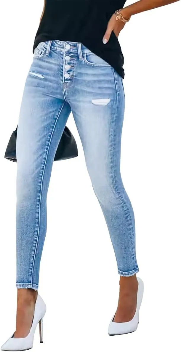 KUNMI Women's Ripped Skinny Slim Fit Jeans Frayed Distressed Stretchy Denim Pants