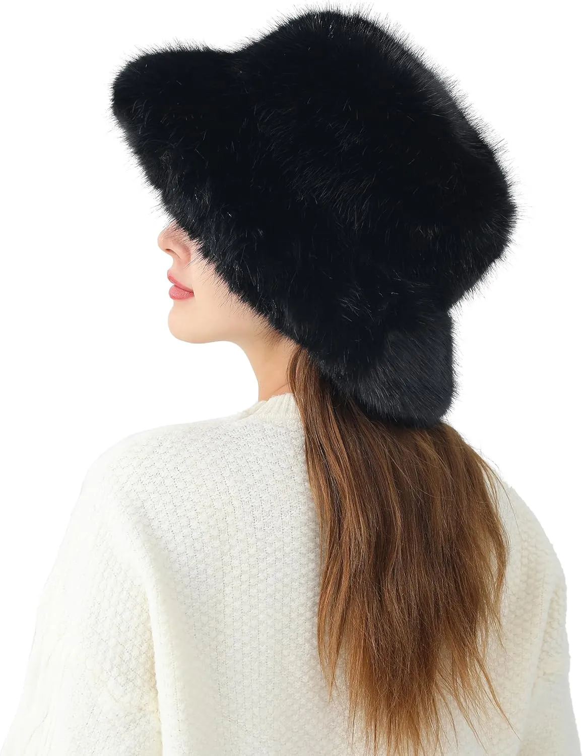 LA CARRIE Women's Fuzzy Wide Brim Faux Fur Bucket Hat Winter Warmer Fisherman Cap