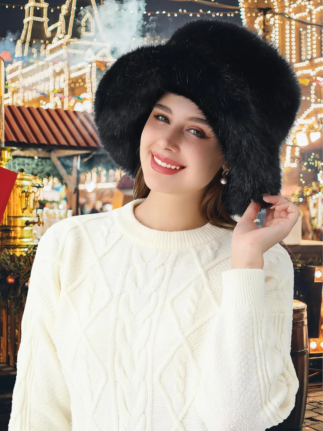 LA CARRIE Women's Fuzzy Wide Brim Faux Fur Bucket Hat Winter Warmer Fisherman Cap