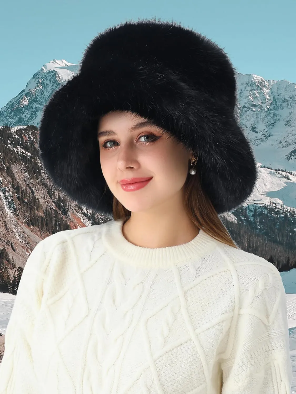 LA CARRIE Women's Fuzzy Wide Brim Faux Fur Bucket Hat Winter Warmer Fisherman Cap